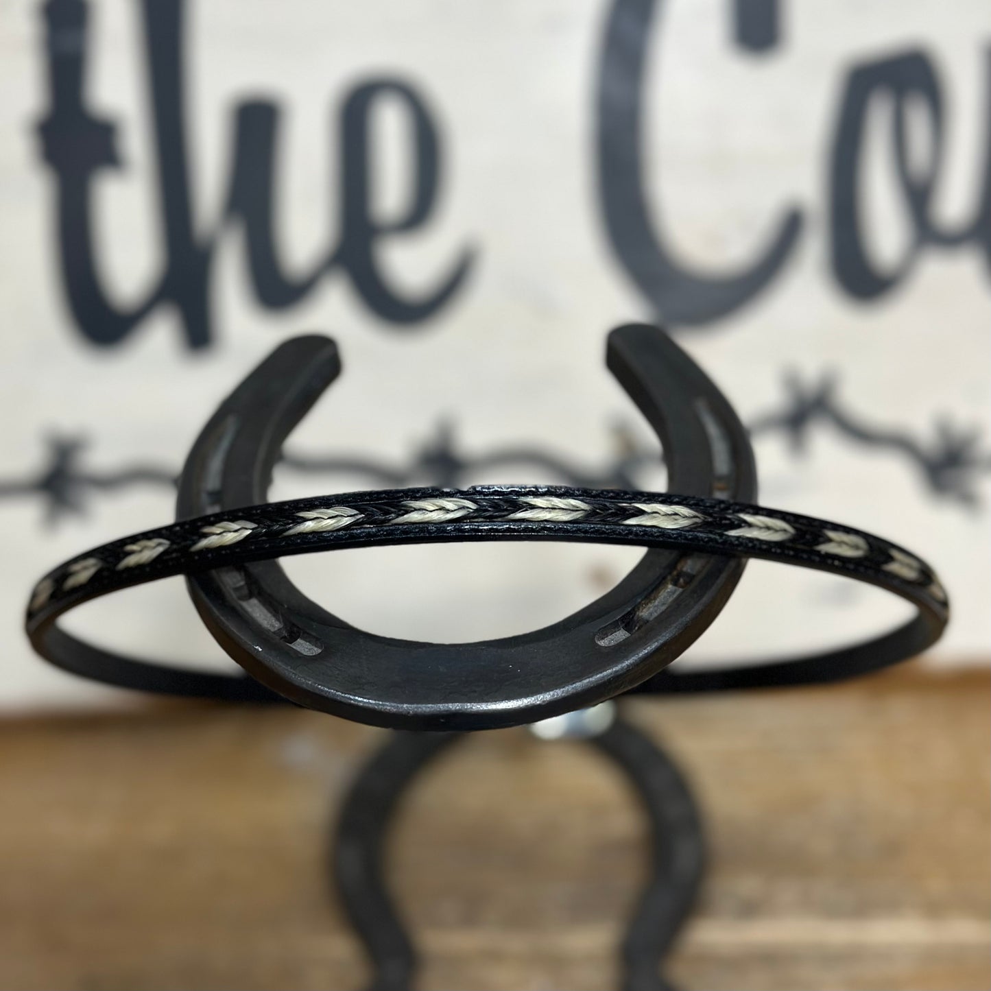 Hatband | Black Leather w/Ivory Horsehair Overlay Braid