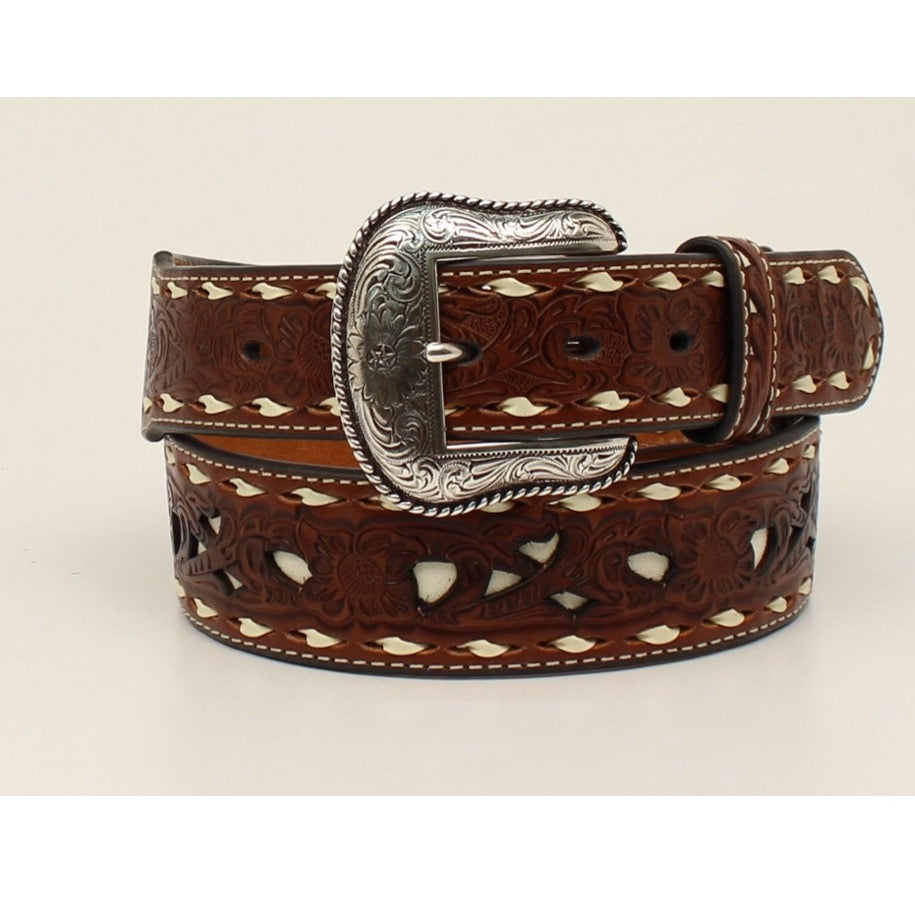 Nocona Belt | Floral Pierced w/ Ivory Background