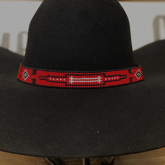 Hatband B3-2C | 13 Row Beaded Red/White/Black w/ Tie