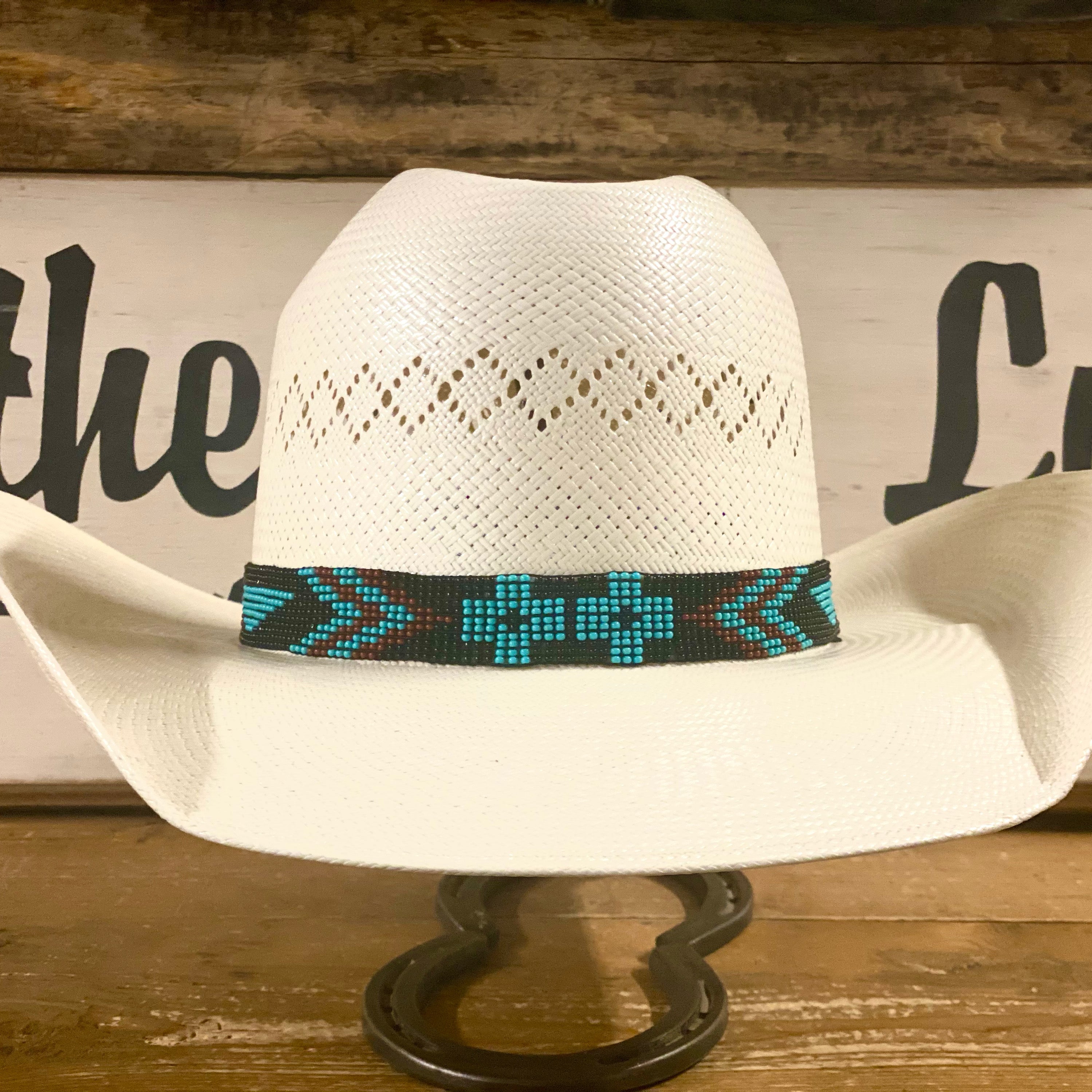 Hatband B1-G | 7 Row Stretch Turquoise/Rust/Black