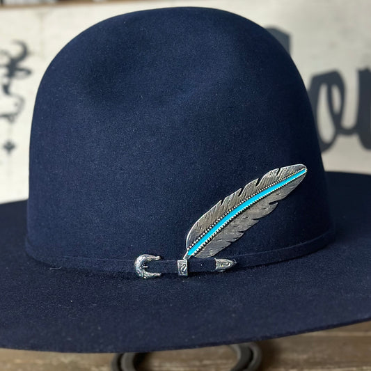 Hat Pin | Metal Feather Silver w/Turquoise Vein