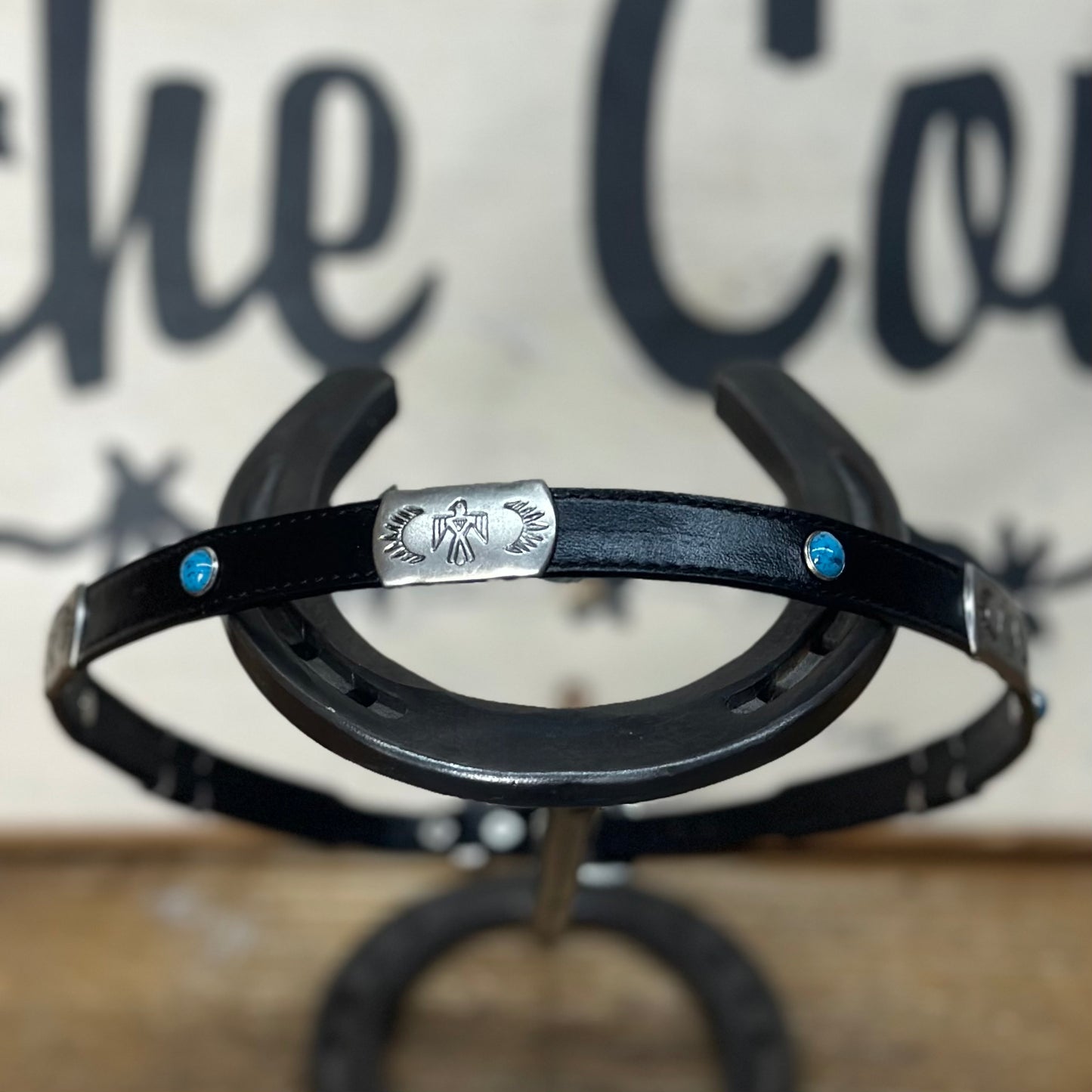 Hat Band | Black Leather w/ T-Bird Concho and Turquoise Accent