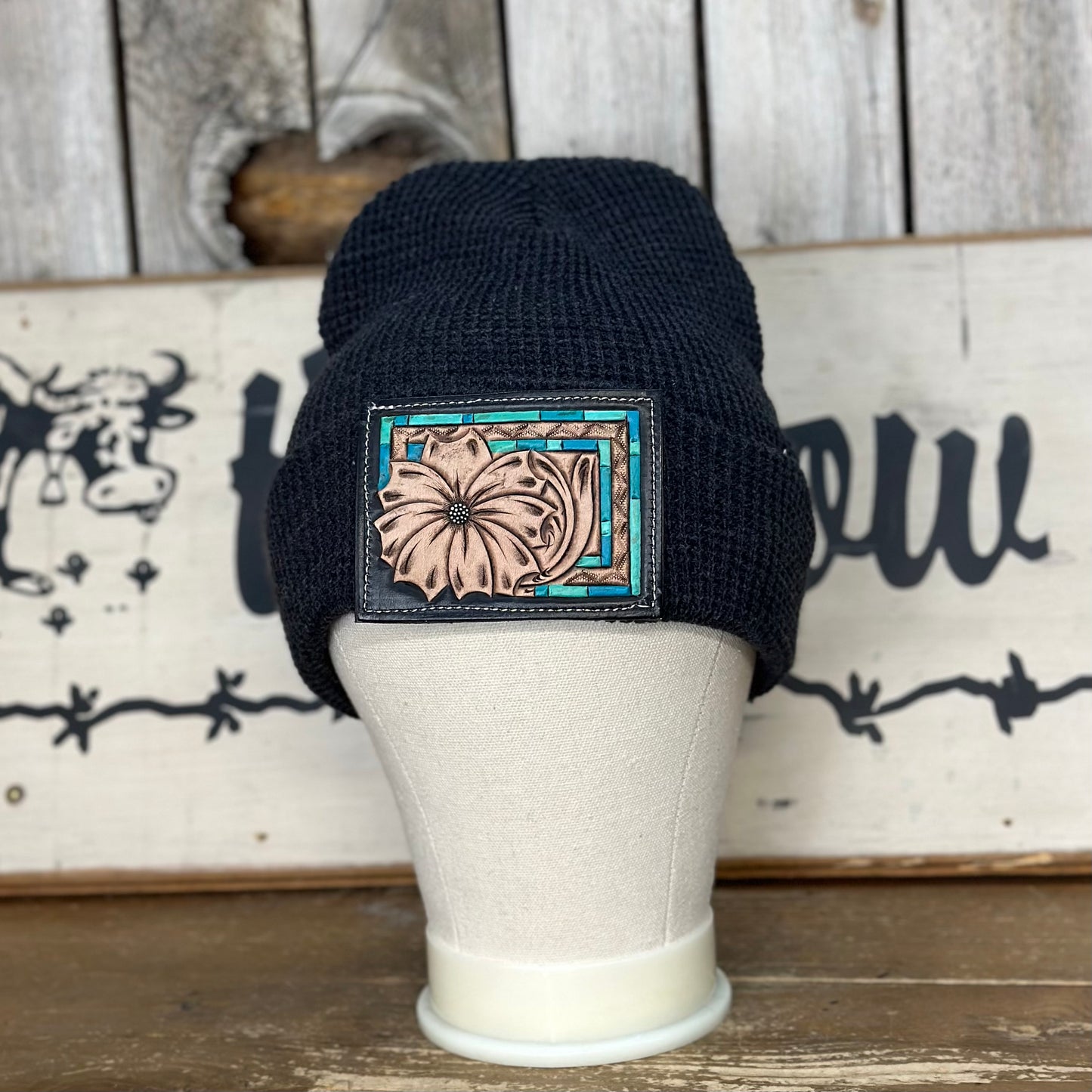 Amanda Rose Knit Cuff Beanie w/ Hand Tooled Leather Patch