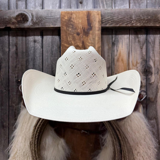 Cattle mand Crown and an extra wide geroge brim shape. White cowboy hat with star like ventilation all through out the crown.  Black band along the base of the hat.