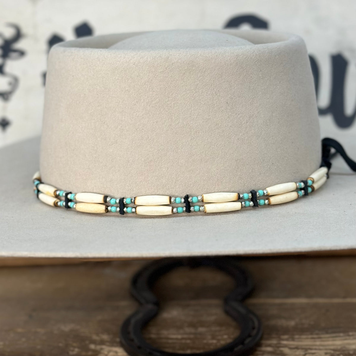 2211 Authentic Western Hat Band Hairpipe Bone Tiger Eye And Onyx Beads Double Hat Band | 2 Strand Bone w/ Black Accents and Tie – The Cow Lot main image 2