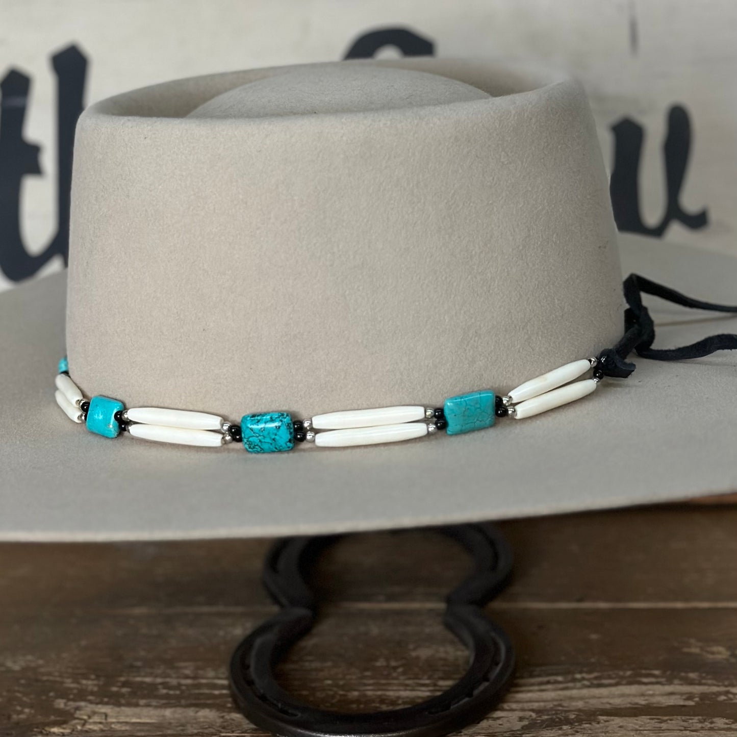 Hat Band | Bone w/ Square Turquoise Accent