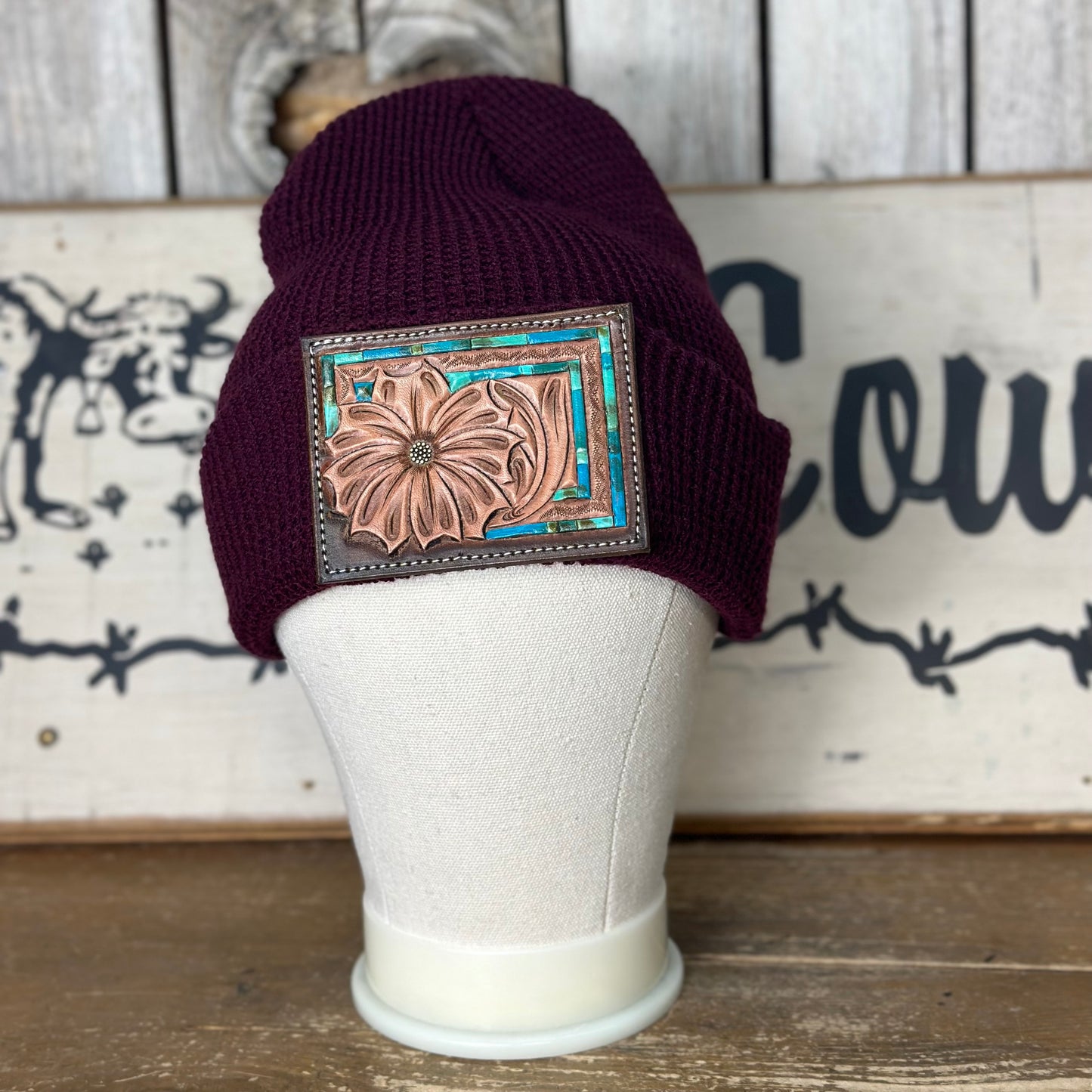 Amanda Rose Knit Cuff Beanie w/ Hand Tooled Leather Patch