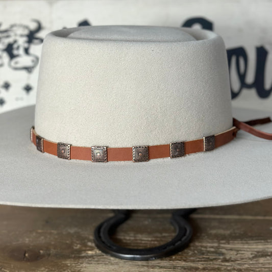 Hat Band | Leather w/ Copper Square Concho and Tie