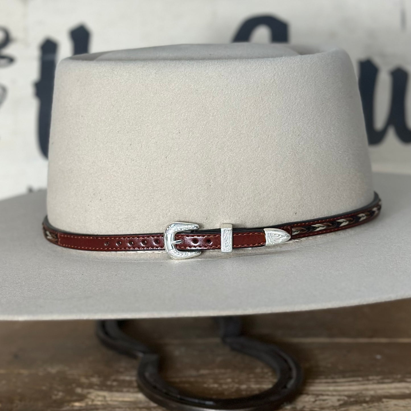 Hatband | Brown Leather w/Brown, Black and Ivory Horsehair Overlay Braid