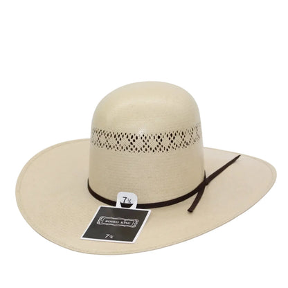 Beige straw hat with a black band and tag on a white background