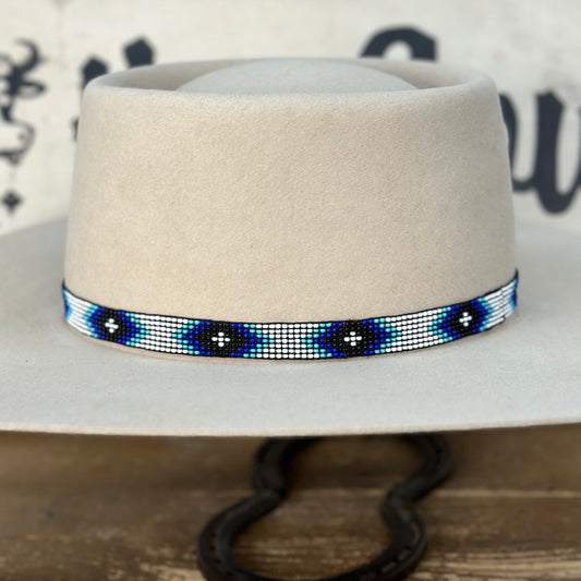 Hatband B1-F | 7 Row Beaded Stretch White/Blue