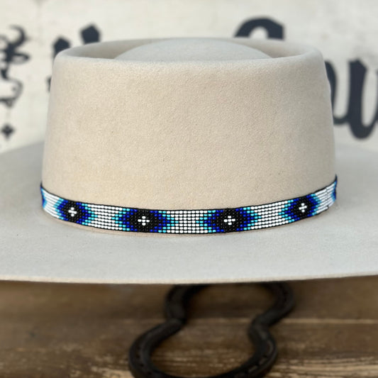 Hatband B1-F | 7 Row Beaded Stretch White/Blue - FINAL SALE, NOT RETURNABLE