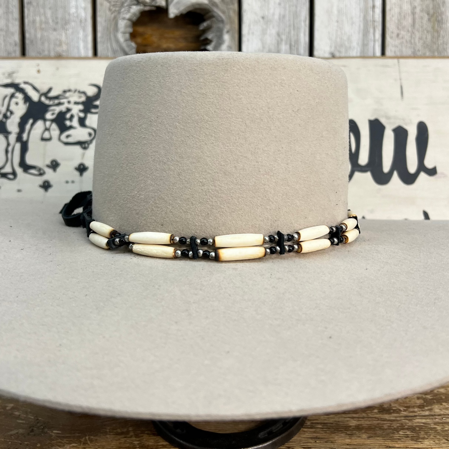 Hat Band | 2 Strand Bone w/ Black Accents and Tie