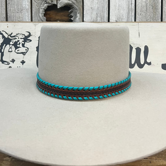 Hatband HB76-7 | 3/4" Brown Leather w/ Turquoise Whipstitch FINAL SALE, NOT RETURNABLE