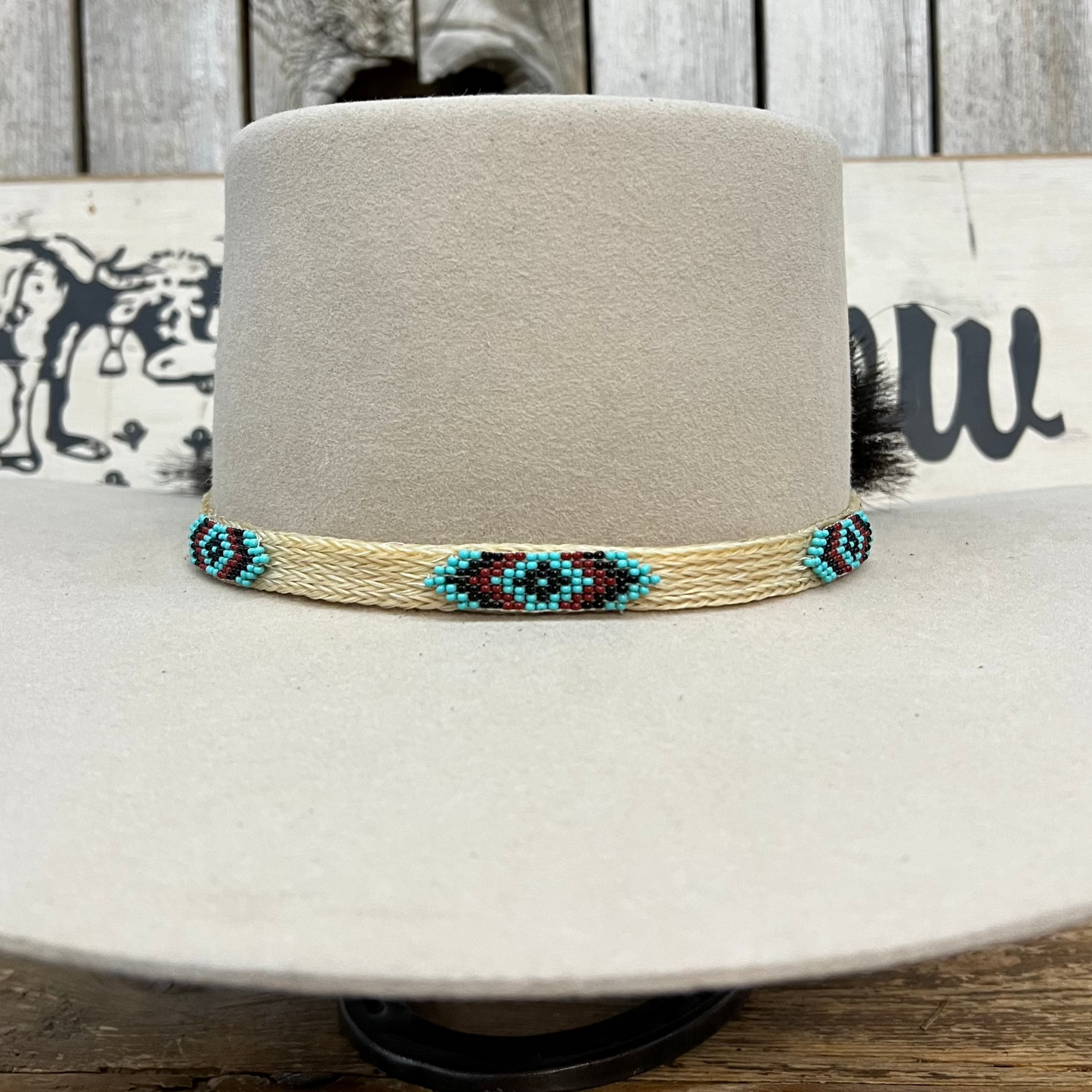 Hat Band | Horsehair w/Bead Appliqué White/Turquoise/Rust/Black