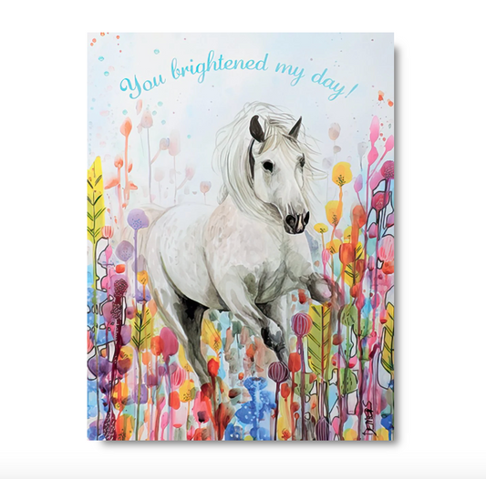 Thank You Card | White Horse Running in Bright Flowers