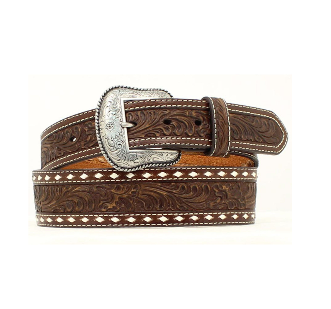 Nocona Belt | Tooled Leather Belt White Buckstitch