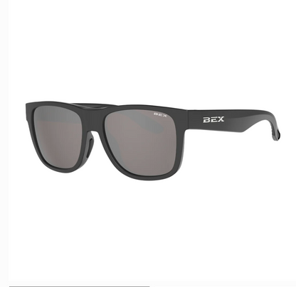 Black sunglasses with 'BEX' branding on a white background