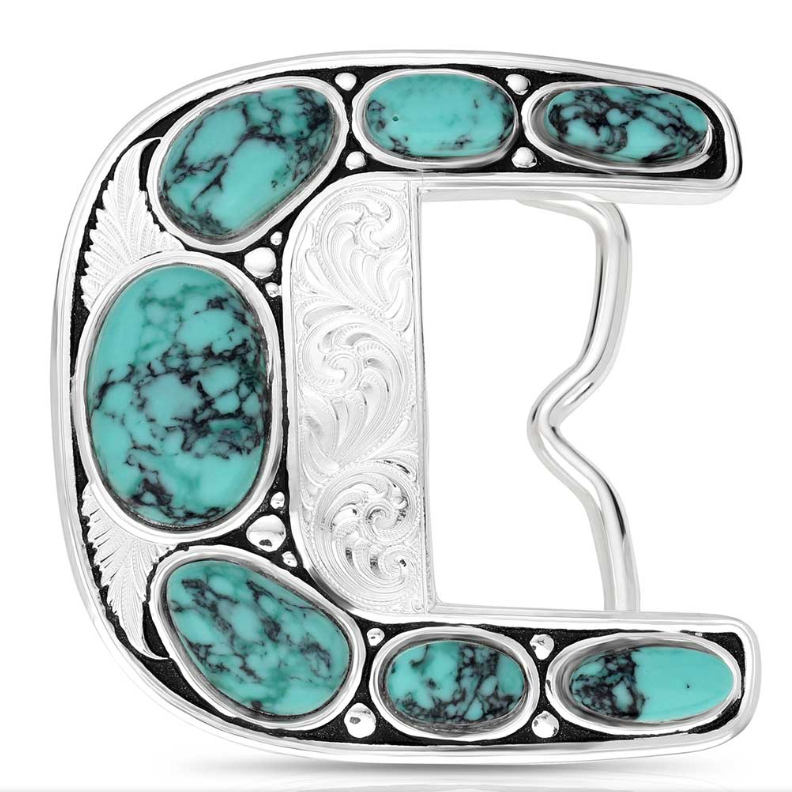 Decorative letter 'E' with turquoise stones and silver border on a white background
