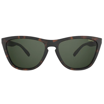 Sunglasses with tortoiseshell frame and dark lenses on a white background