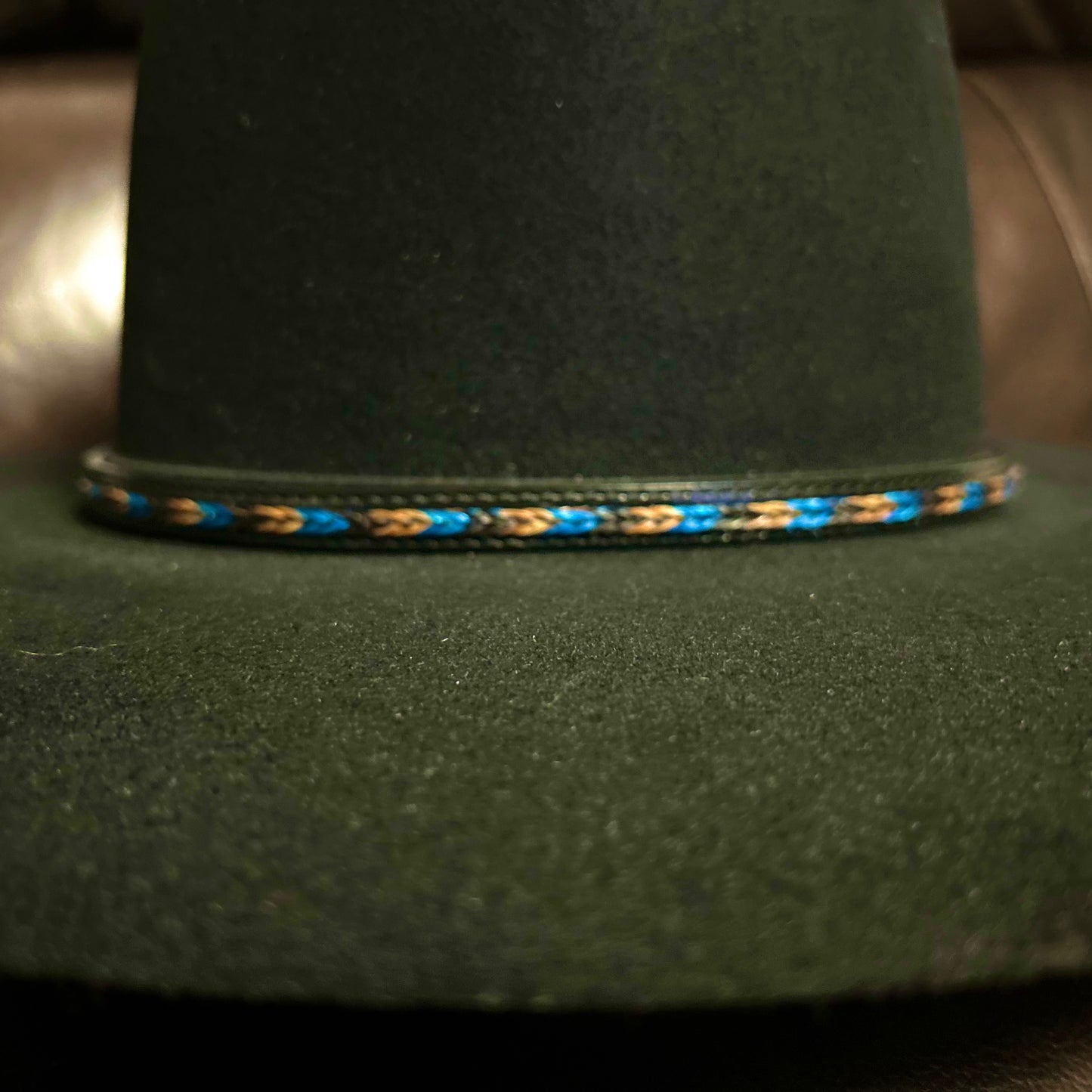 Hatband LC-58-T-C | Black Leather w/Brown and Turquoise Horsehair Overlay Braid