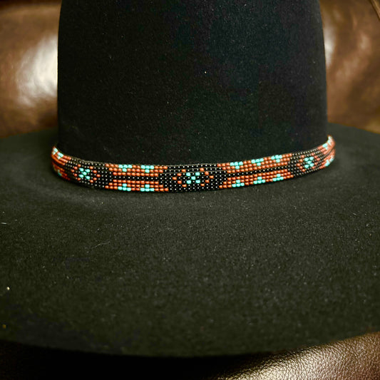Hatband B1-V | 7 Row Beaded Stretch Black/Rust/Turquoise