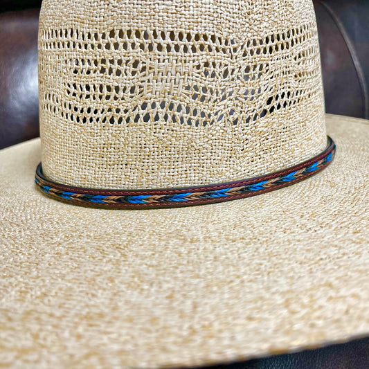 Hatband LC-58-T-D | Brown Leather w/Brown and Turquoise Horsehair Overlay Braid
