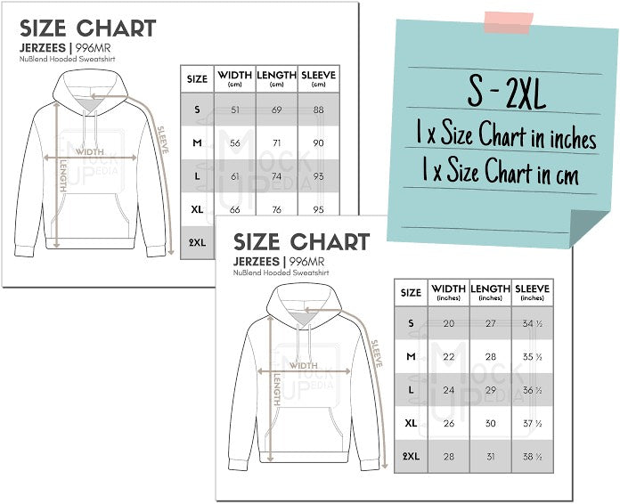 Size chart for Jerzees hoodies with measurements in both inches and centimeters.