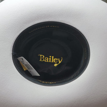 White cowboy hat with 'Bailey' logo on a wooden surface