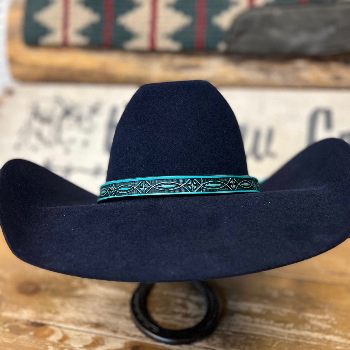 Hatband HB83 | 1/2" Leather Carved Turquoise/Black