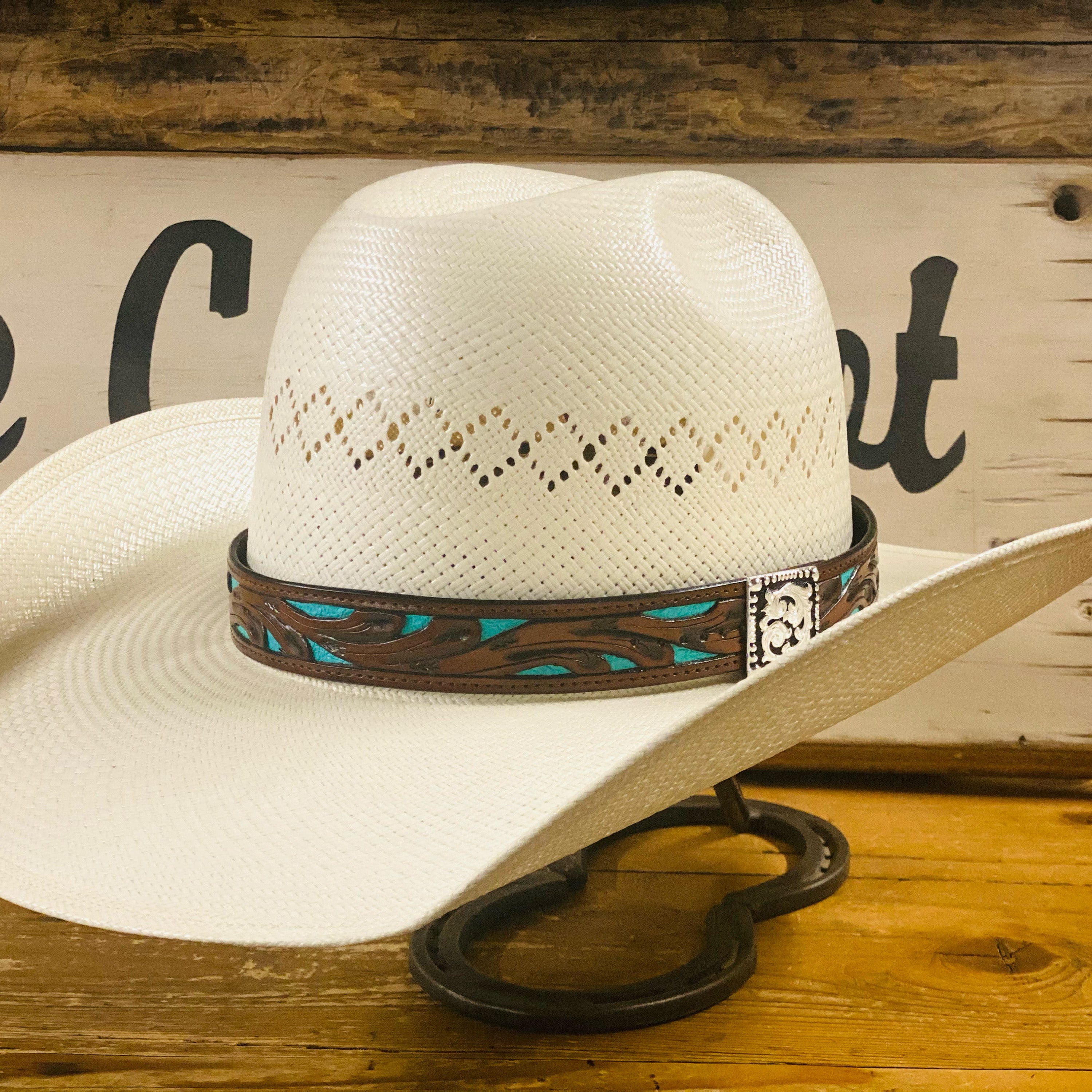 Hatband LC-80F | Leather Filagree Brown/Turquoise – The Cow Lot