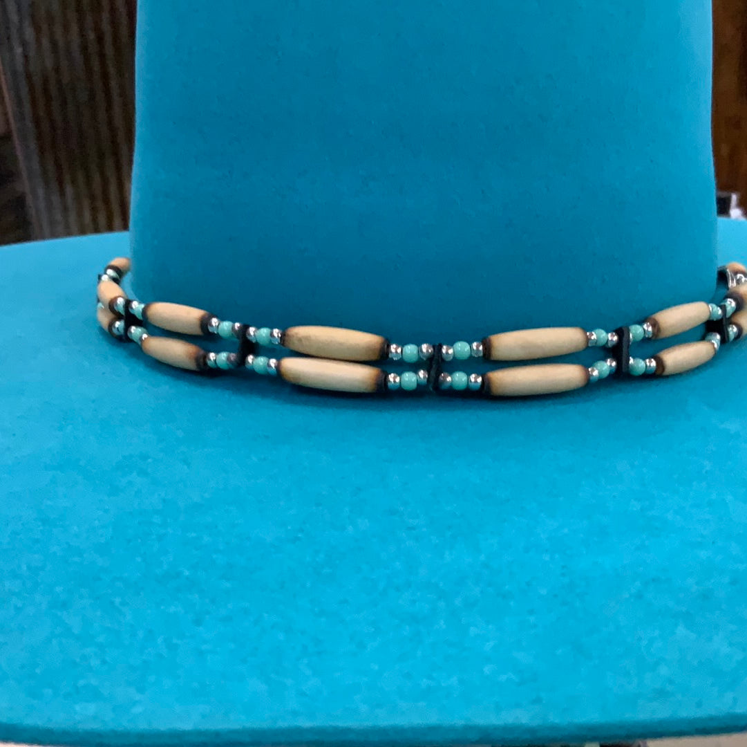 Hatband | 2 Strand Bone w/Turquoise Accents and Tie